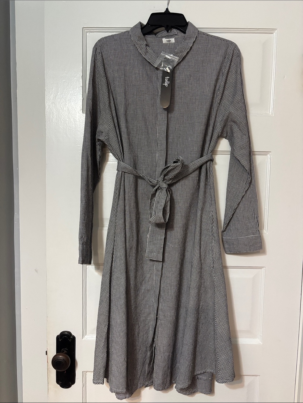 Tulip Perrin Long-Sleeve Shirt Dress with Self-Tie in Noir Check